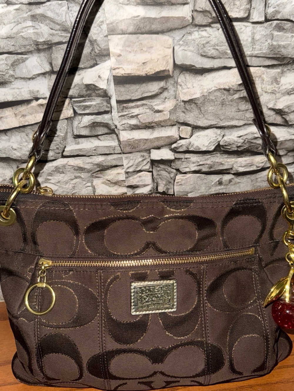 Coach Dark Brown Signature Jacquard Shoulder Bag with Gold Hardware